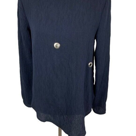 Zara Basic Collection Navy Asymmetrical Long Sleeve Blouse Grommet Detail XS - Picture 2 of 6
